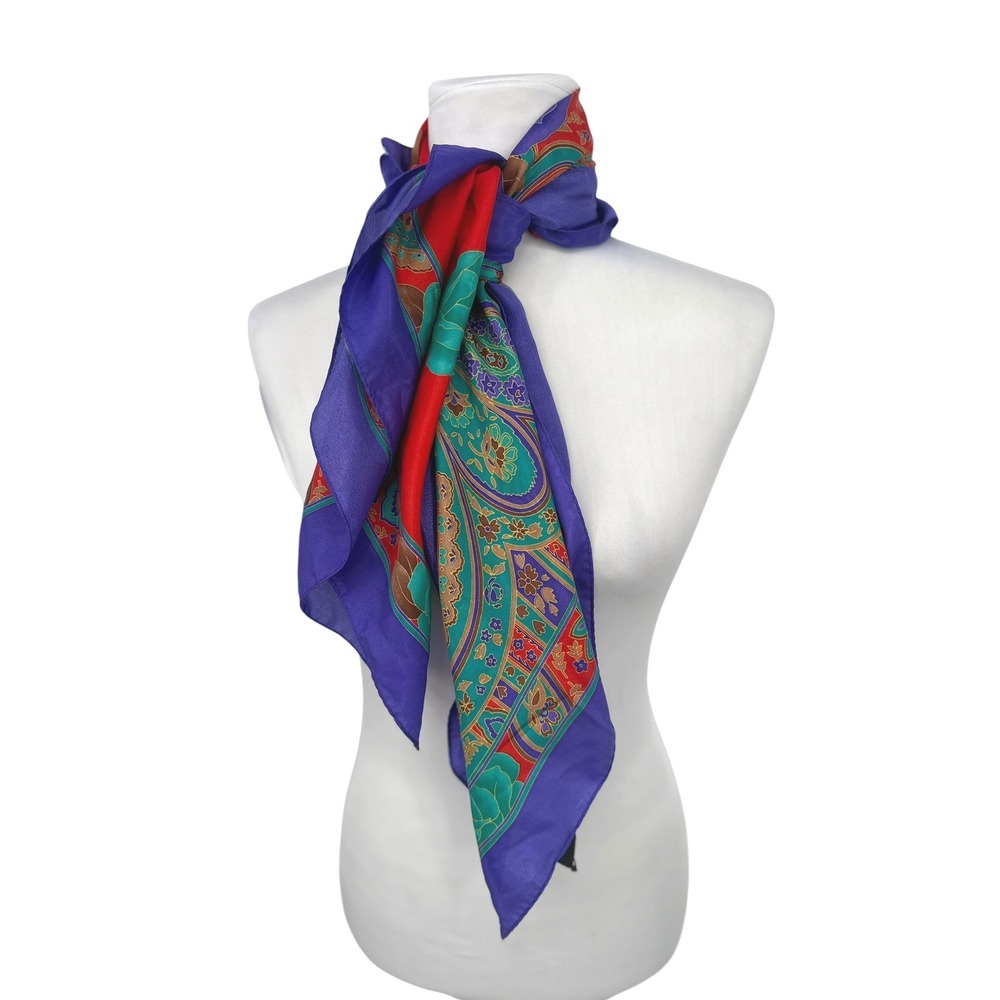 Vintage 80s 90s Womens Scarf Korea Red Purple Floral Paisley Silky Satin Jewel